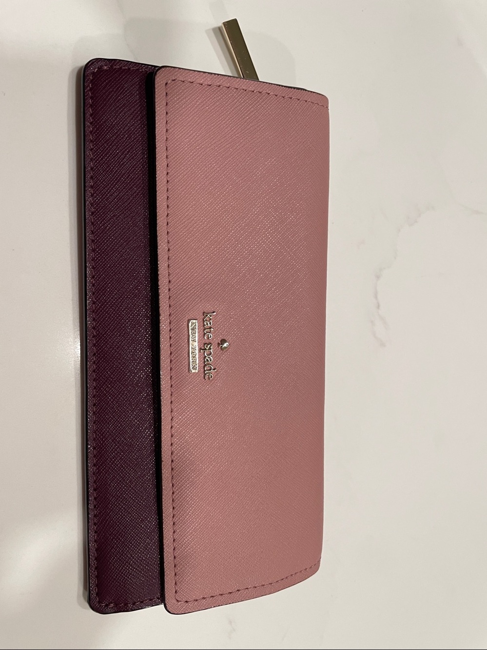 Kate Spade two-tone dusty pink and plum bifold wallet